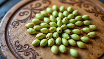 close up view of glossy watermelon seeds placed in radial pattern on a vintage cutting board. photo