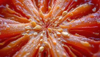 close up view of dry tomato seeds adhered to curled skin with intense red hues. photo
