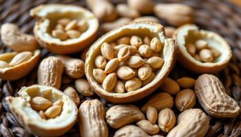 close up view of peanut seeds inside cracked shell halves, arranged on woven placemat. photo