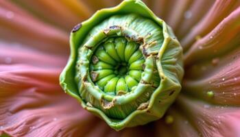 close up view of lotus seed core partially removed from green pod. photo