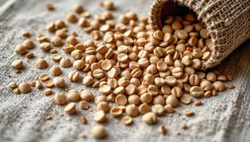 close up view of clover seeds spilled onto linen fabric, reflecting natural earth tones. photo