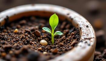 close up view of seedling emerging from soaked mung bean seed with shallow depth. photo
