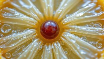 close up view of longan seed resting in clear jelly like fruit core. photo