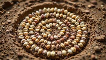 close up view of durva grass seeds placed in a spiral on wet clay. photo