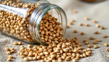 close up view of barley seeds in a glass jar tipped on its side, spilling onto a textured linen cloth. photo