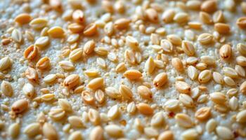 close up view of toasted sesame seeds embedded in rice cracker texture. photo