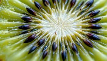 close up view of a halved kiwi fruit showing rows of tiny black seeds embedded in translucent green flesh. photo