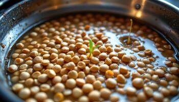 close up view of soaked fenugreek seeds beginning to sprout under a warm light. photo