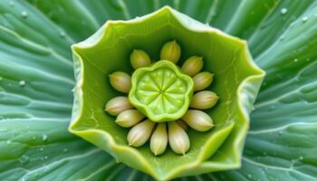 close up view of lotus seeds inside a green lotus pod, each neatly arranged in its circular cavity. photo