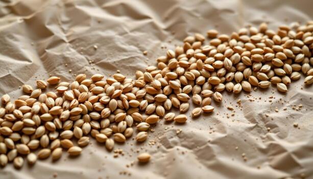 close up view of rye seeds arranged in a gentle wave pattern on brown parchment paper. photo