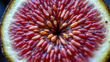 close up view of fresh fig seeds suspended in a vibrant purple and pink fruit interior. photo