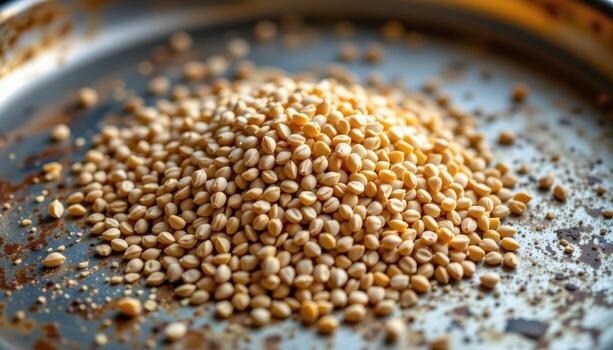 close up view of buckwheat seeds forming a neat pile on a scratched metal tray under warm light. photo