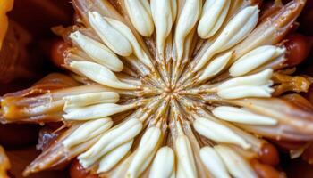 close up view of bell pepper interior, showing rows of flat white seeds attached to pale membranes. photo