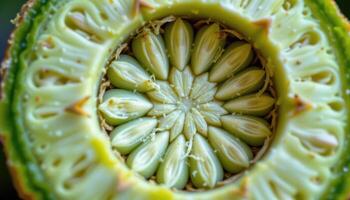 close up view of okra cross section showing rows of pale green seeds inside its fibrous chamber. photo
