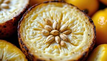 close up view of plantain seeds embedded in a slice with soft yellow fruit surrounding. photo