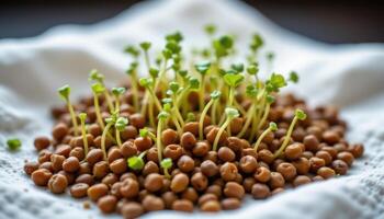 close up view of lentil sprouts just emerging from seeds on a damp cotton cloth. photo