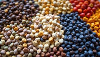 close up view of various heirloom seeds in color coded piles for comparison. photo