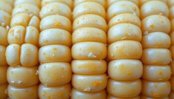 close up view of a section of corn cob with seeds in rows of pale yellow and soft shadows. photo