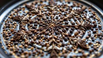 close up view of nigella seeds forming a geometric pattern on an iron tray. photo