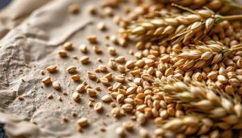 close up view of barley seeds spreading across rough brown paper with rustic farm themed composition. photo