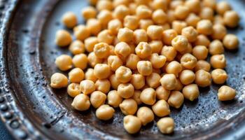 close up view of creamy chickpea seeds on a vintage metal plate, some split and textured. photo