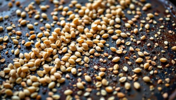 close up view of caraway seeds aligned in diagonal rows on an iron baking sheet with aged texture. photo