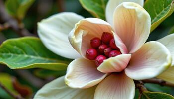 close up view of magnolia seed pods splitting open to reveal bright red seeds. photo