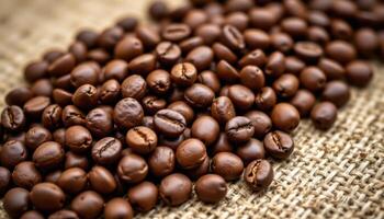 close up view of coffee beans roasted to a deep brown hue, scattered over rough jute cloth with rich textures. photo
