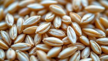 close up view of brown rice grains in macro, showing fibrous shells and subtle cracks. photo
