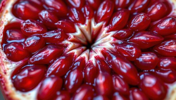 close up view of a cross section of a pomegranate revealing tightly packed red seeds glistening with juice. photo