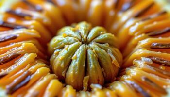 close up view of passion fruit seed immersed in bright yellow pulp with glossy coating. photo