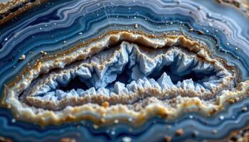 close up view of a geode split open, showing vibrant blue agate bands and crystal formations inside. photo