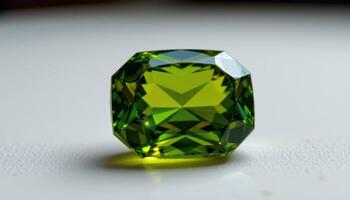 close up view of a faceted demantoid garnet with sparkling green fire. photo