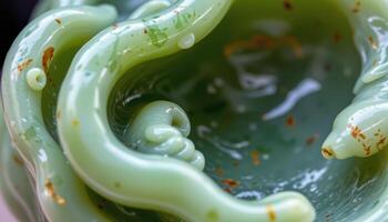 close up view of a nephrite jade carving showing smooth curves and soft green tones. photo