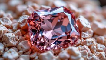 close up view of a pink morganite gem surrounded by reflective mineral flakes. photo