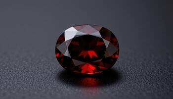 close up view of a brilliant cut garnet reflecting rich burgundy light on a black background. photo