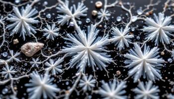 close up view of a snowflake obsidian surface with white crystalline starburst inclusions. photo