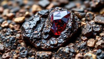close up view of a rough garnet in schist matrix with visible red facets. photo