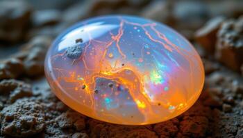 close up view of a cabochon opalite glowing softly with ethereal internal light. photo