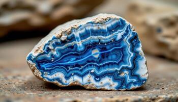 close up view of a raw sodalite chunk with blue and white marbled patterns. photo