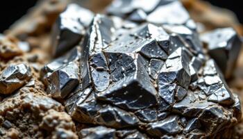 close up view of a rough zirconium crystal with metallic shine and angular geometric edges. photo