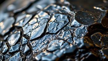 close up view of a polished hematite stone reflecting light like liquid metal. photo