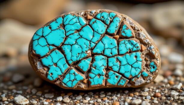 close up view of rough turquoise with spiderweb matrix patterns across the stone. photo