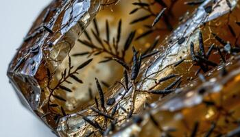 close up view of a rutilated smoky quartz with black needle like inclusions inside semi transparent crystal. photo