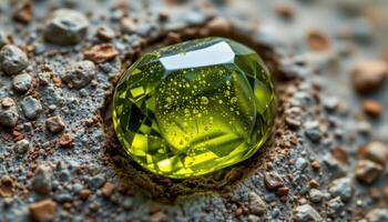 close up view of a peridot stone with olive green glow and tiny natural inclusions. photo