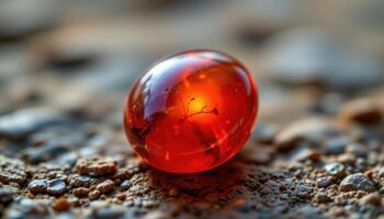 close up view of a carnelian cabochon stone glowing with orange fire under soft illumination. photo