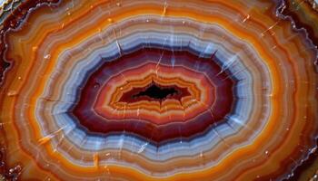 close up view of a sliced agate revealing concentric bands of red, orange, and cream. photo