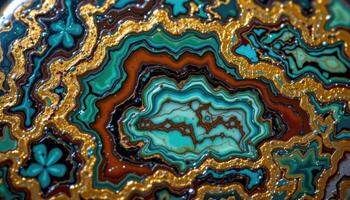 close up view of a polished pietersite gemstone with swirling patterns of gold, blue, and brown. photo