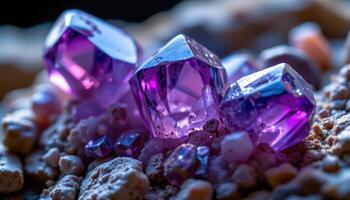close up view of a raw amethyst crystal cluster reflecting violet hues under soft ambient lighting. photo