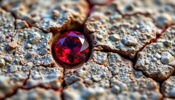 close up view of a ruby embedded in a rough stone matrix with shimmering red veins. photo